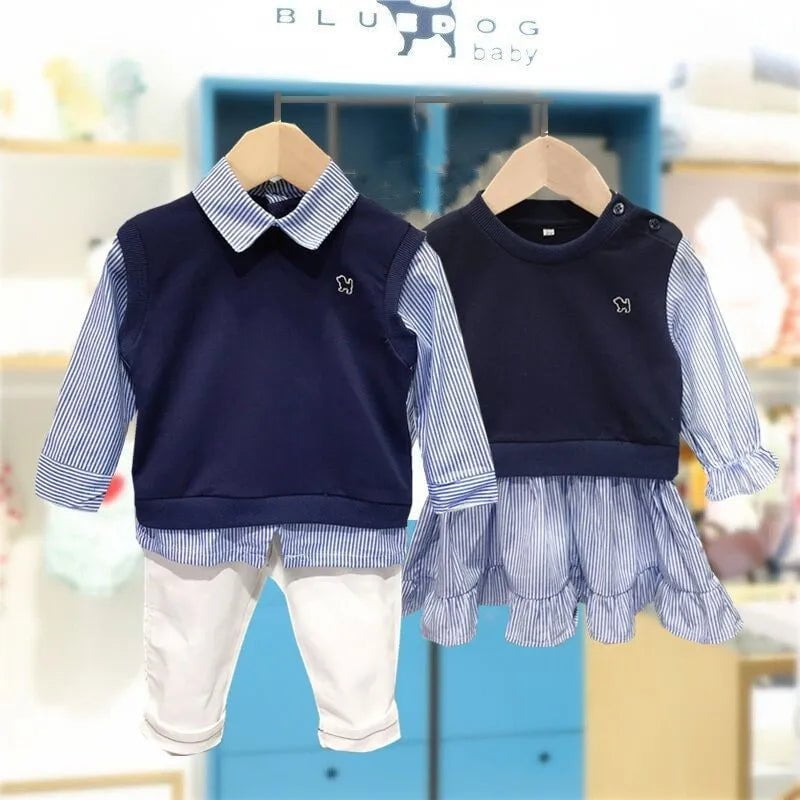 Storazone 2024 Autumn Korean Style Brother And Sister Children's Fashion Suit Kids Matching Outfit Girls Shirt Dress and Boys Clothes Set