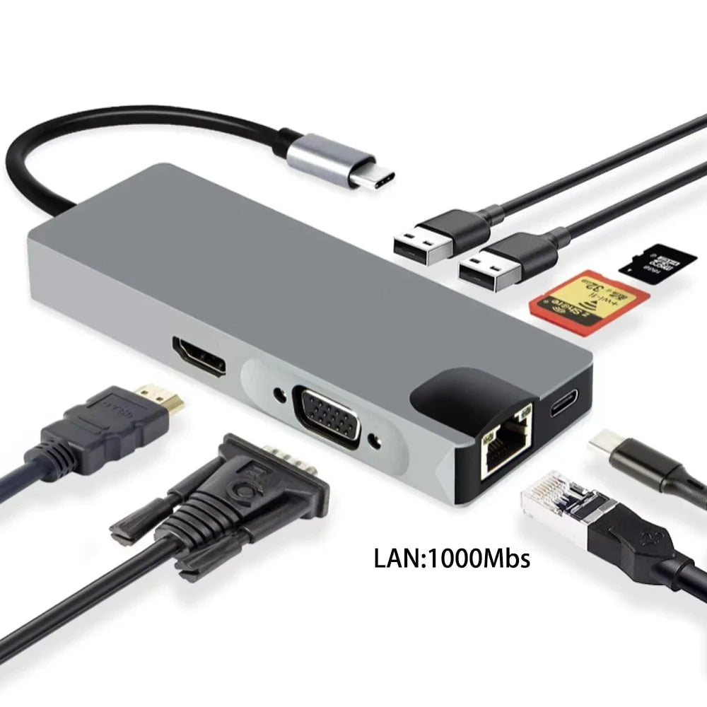 Storazone 8in1 RJ45 VGA USB C HUB Type C Splitter To HDMI 4K Thunderbolt 3 Docking Station Laptop Adapter With PD SD TF RJ45 For Macbook Air M1 iPad Pro