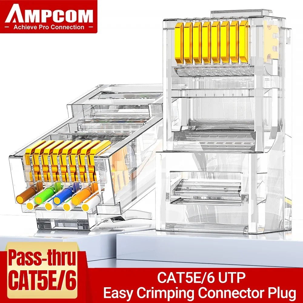 Storazone AMPCOM RJ45 Modular Plug, CAT5E CAT6 Pass Through Network Connectors UTP 3/50μ Gold-Plated 8P8C Crimp End for Ethernet Cable