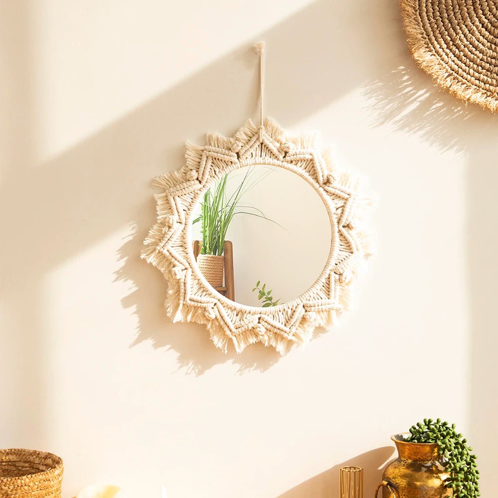 Storazone Boho Macrame Round Mirror Decorative Mirrors Aesthetic Room Decor Hanging Wall Mirror for Bedroom Living Room House Decoration