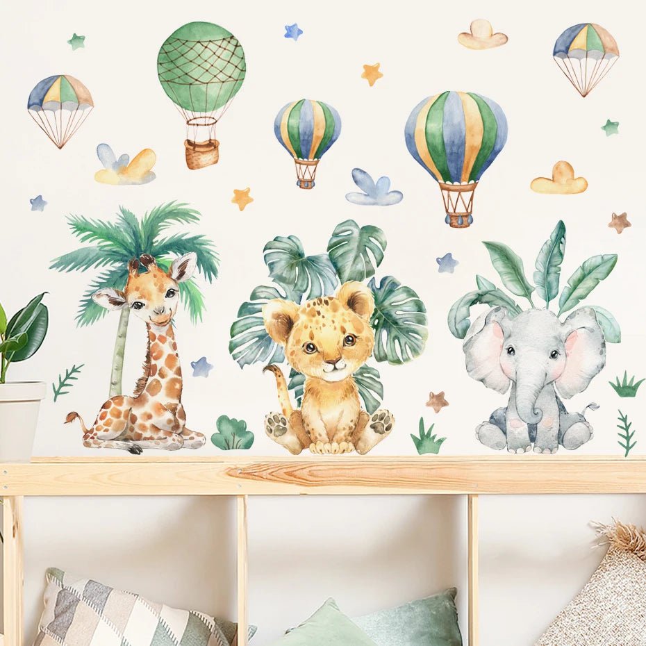 Storazone Cartoon Jungle Animals Leaves Watercolor Vinyl Wall Stickers for Kids Room Baby Nursery Room Decoration Elephant Giraffe Sticker
