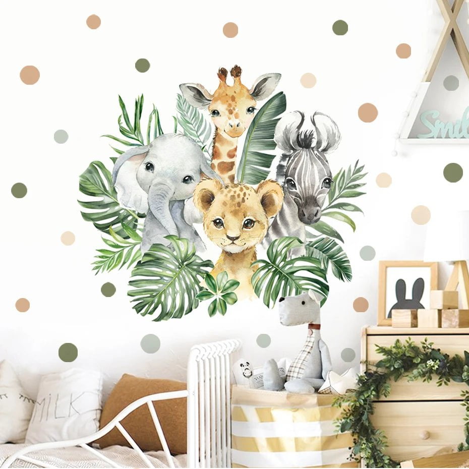 Storazone Cartoon Jungle Animals Leaves Watercolor Vinyl Wall Stickers for Kids Room Baby Nursery Room Decoration Elephant Giraffe Sticker