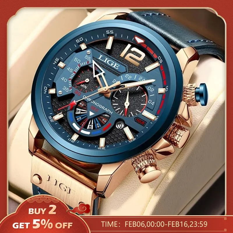 Storazone LIGE Fashion Watch Man Luxury Chronograph Sport Mens Watches Quartz Wristwatches Leather Male Waterproof Clock Relogio Masculino