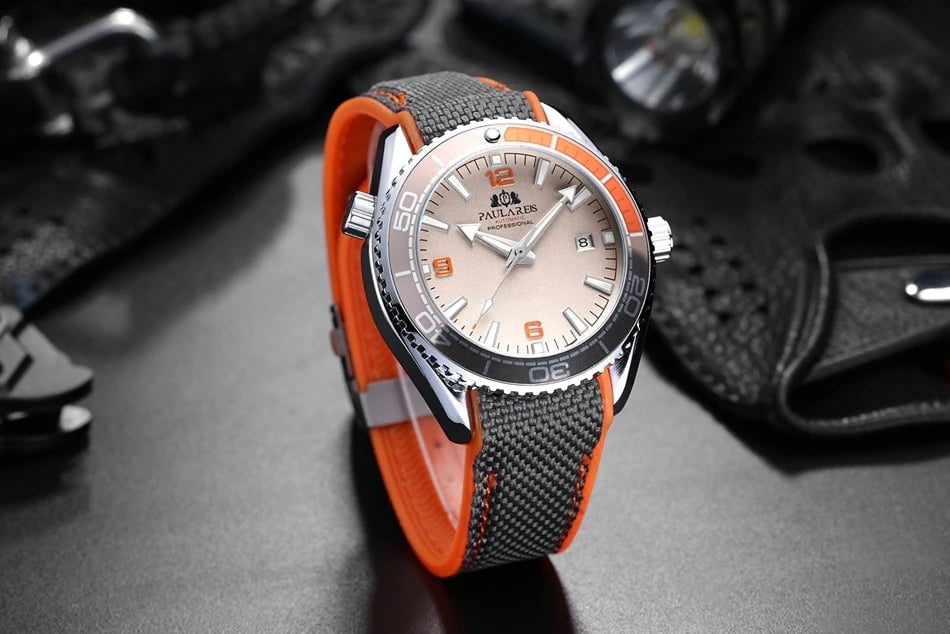 Storazone Men Automatic Self Wind Mechanical Canvas Rubber Strap Orange Blue Red Luxury Watch