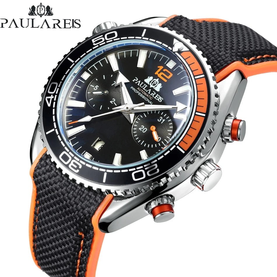 Storazone Men Automatic Self Wind Mechanical Canvas Rubber Strap Orange Blue Red Multifunction Date Month Watch
