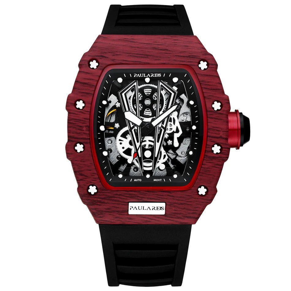 Storazone Men Automatic Self Wind Skeleton Mechanical Red Black Rubber Strap Richard Fashion Tonneau Watch