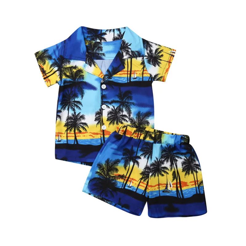 Storazone Summer Hawaiian Style 2Pcs Kids Baby Boys Clothes Outfits Holiday Coconut Tree Print Short Sleeve Shirts+Shorts Boy Sets 1-6Y