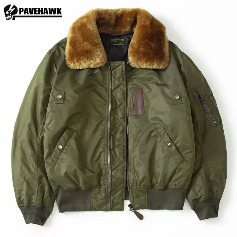Storazone Vintage B15 Bomber Jacket Men Winter Multi-pocket Flight Thickened Cotton-padded Coat Windbreak Warm Fur Collar Tactical Parkas
