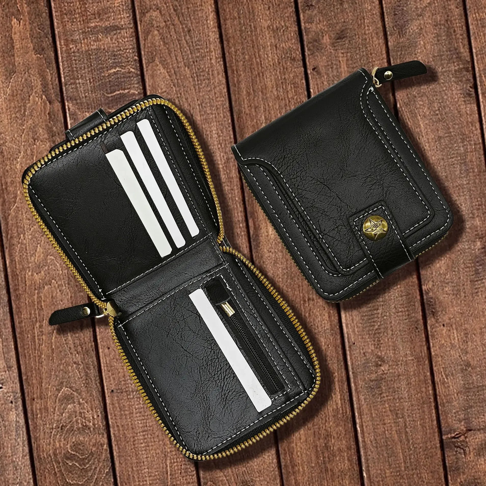 Storazone Vintage Men Pu Leather Small Wallet Short Horizontal Zipper Buckle Coin Pocket Tri-fold Card Case Purse
