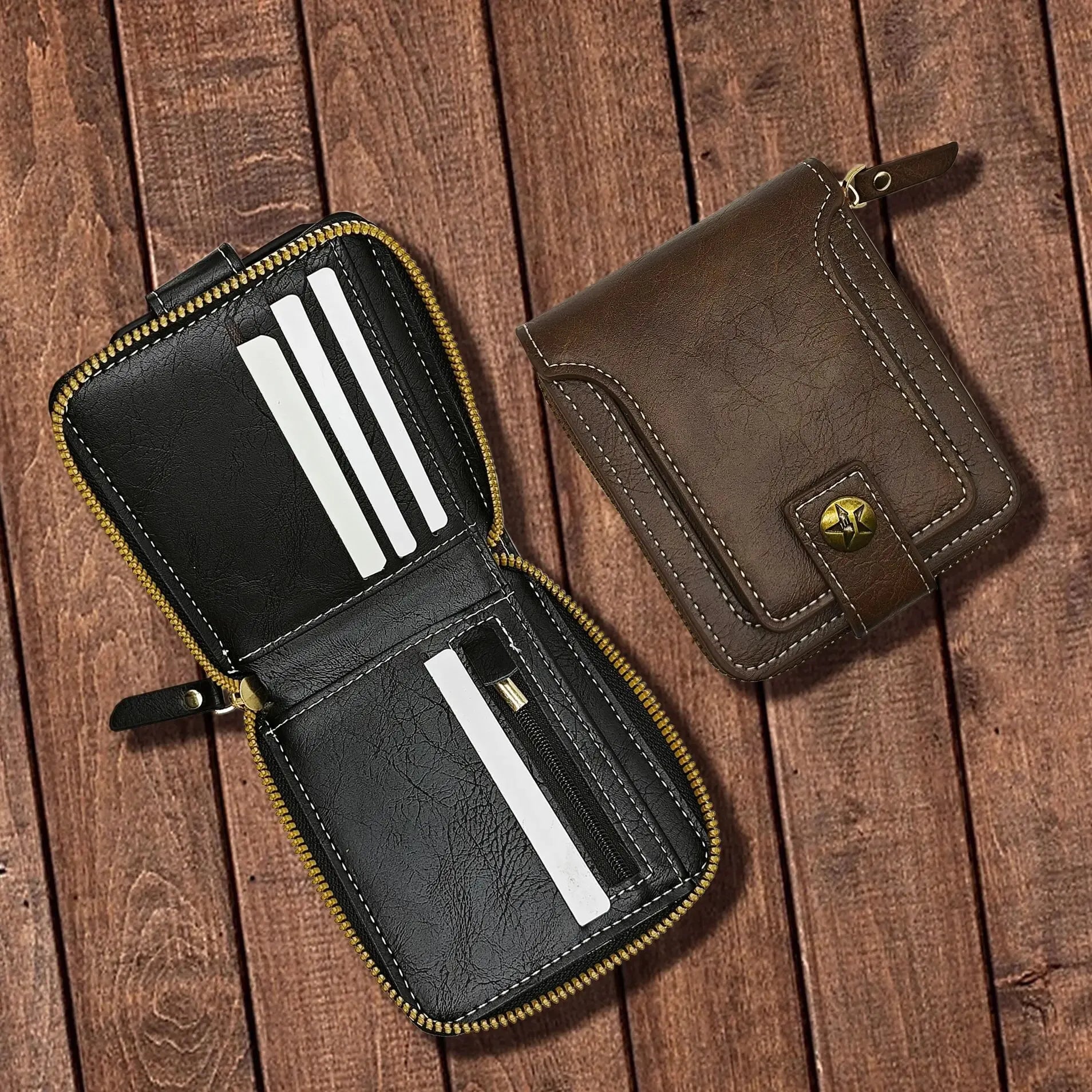 Storazone Vintage Men Pu Leather Small Wallet Short Horizontal Zipper Buckle Coin Pocket Tri-fold Card Case Purse