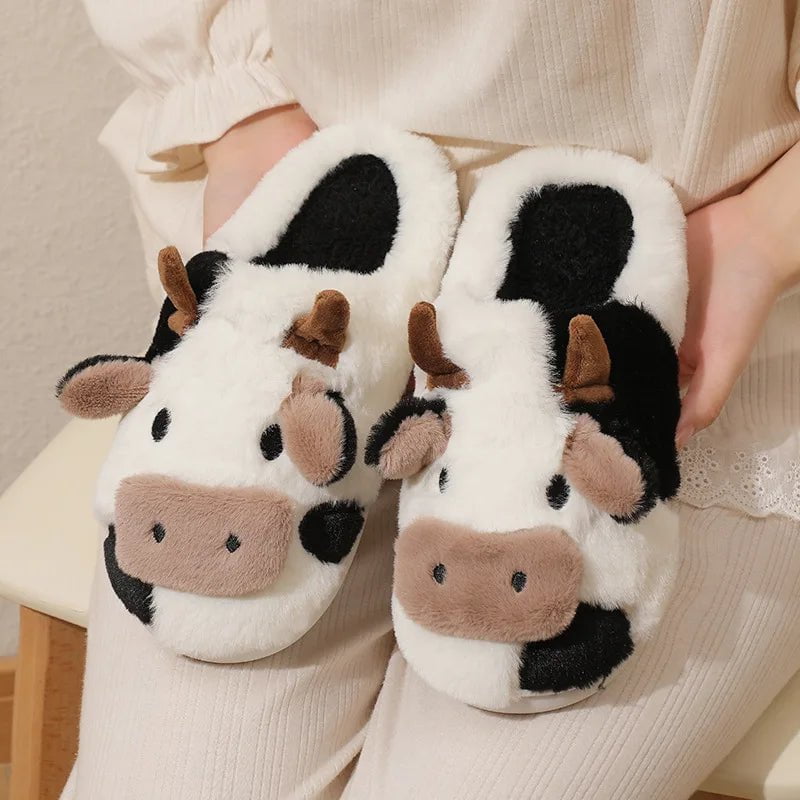 Storazone Winter Unisex Cute Cartoon Cow Warm Plush Slippers Couple's Indoor Non-slip House Slides Men Women Toe Wrap Home Cotton Shoes