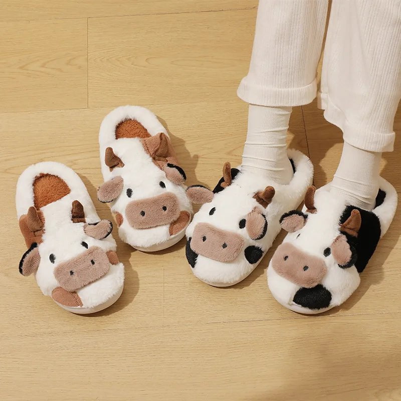 Storazone Winter Unisex Cute Cartoon Cow Warm Plush Slippers Couple's Indoor Non-slip House Slides Men Women Toe Wrap Home Cotton Shoes