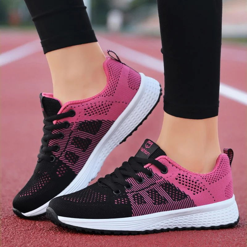 Storazone Women Casual Shoes Breathable Walking Mesh Lace Up Flat Shoes Sneakers Women Tenis Feminino Pink Black White
