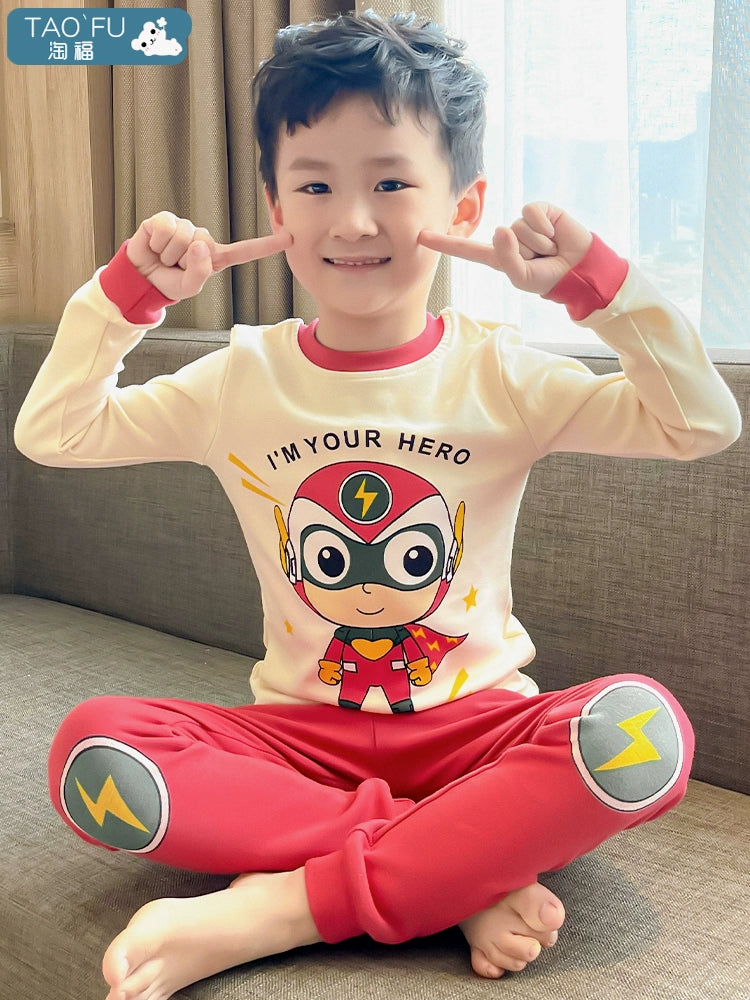 Boys' Pajamas Spring and Autumn Pure Cotton Spider Boys Long Johns Top Long Johns Children's Thermal Base Underwear Homewear Suit