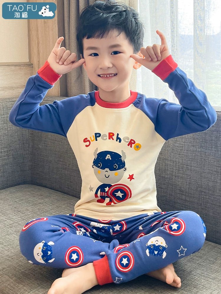 Boys' Pajamas Spring and Autumn Pure Cotton Spider Boys Long Johns Top Long Johns Children's Thermal Base Underwear Homewear Suit