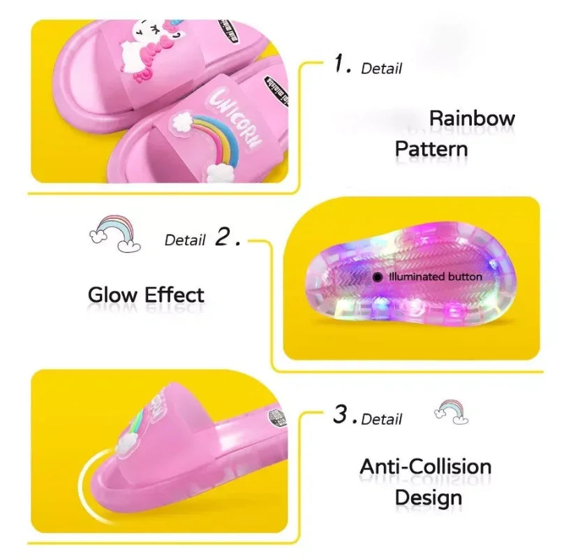 Children‘s Boys Girls Slippers Cartoon Unicorn Animals Prints Shoes Lighted Fashion Cute Shoes Bathroom Kids Toddler Slippers