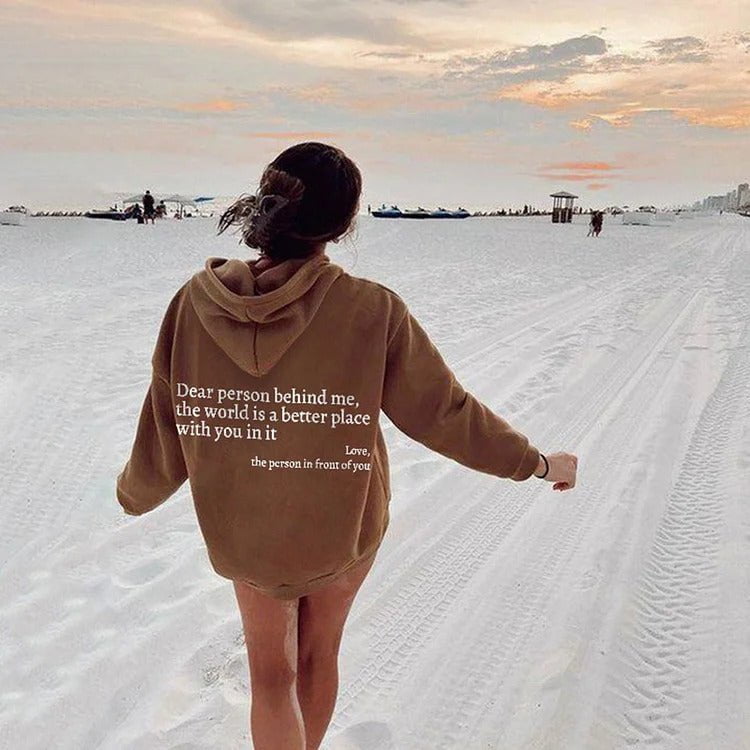 Les Visionnaires Woman fashion and Outdoor Khaki / 2XL Dear Person Behind Me,the World Is A Better Place,with You In It,love,the Person In Front Of You,Women's Plush Letter Printed Kangaroo Pocket Drawstring Printed Hoodie Unisex Trendy Hoodies