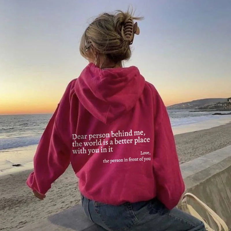 Les Visionnaires Woman fashion and Outdoor Red / 2XL Dear Person Behind Me,the World Is A Better Place,with You In It,love,the Person In Front Of You,Women's Plush Letter Printed Kangaroo Pocket Drawstring Printed Hoodie Unisex Trendy Hoodies