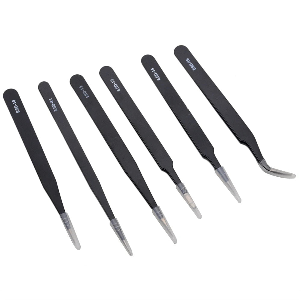 Storazone 1/6 PCS Anti-static ESD Stainless Steel Tweezers Maintenance Tools Industrial Precision Curved Straight Tweezers Repair Tools