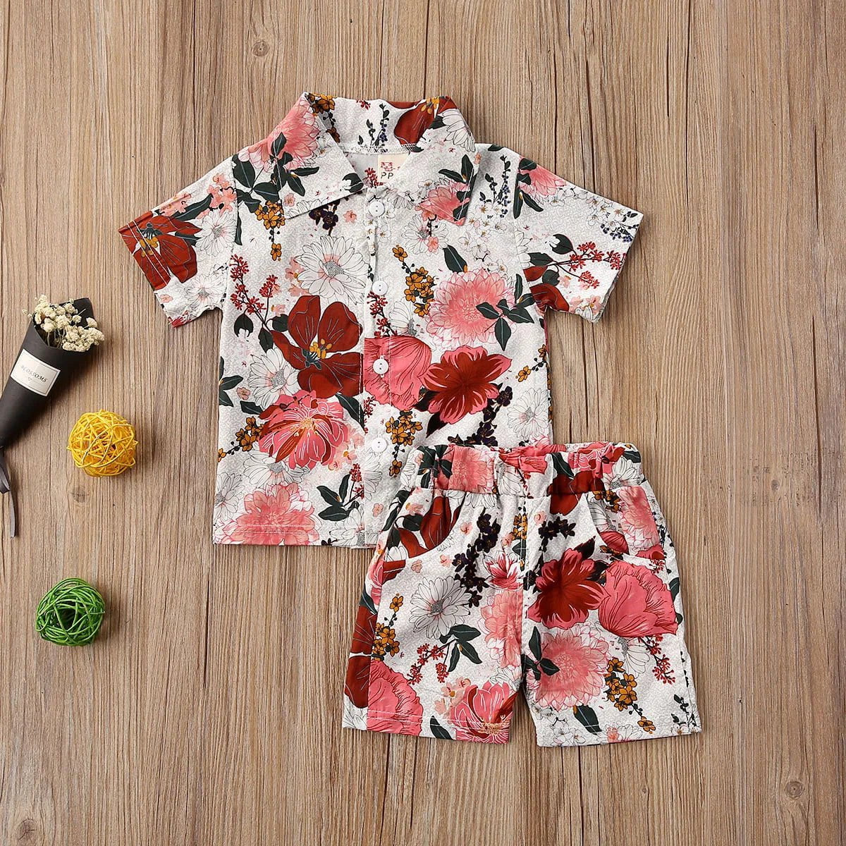 Storazone 1-6Y Summer Infant Baby Boys Clothes Sets 10 Colors Floral Print Short Sleeve T Shirts Tops+Shorts Holiday Outfit