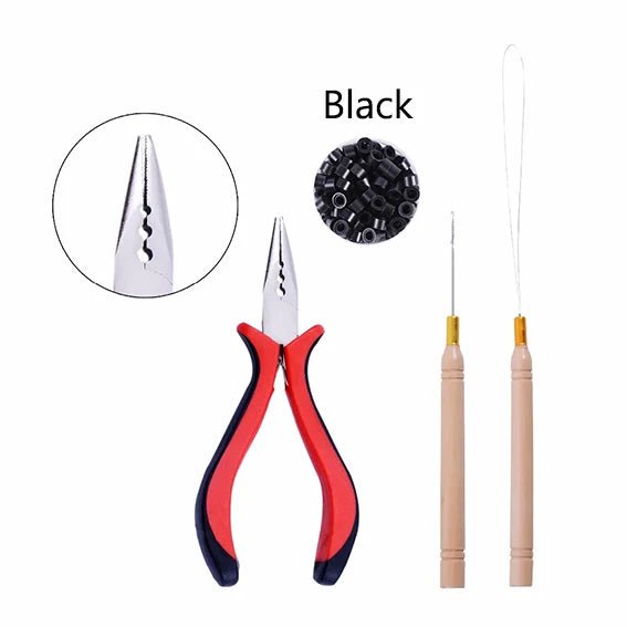 Storazone 1 Black 1 Pack/100Pcs Micro Links/Beads+1Pcs Pulling Needle+1Pc  3 Holes Plier Hair Extensions Tool Kit