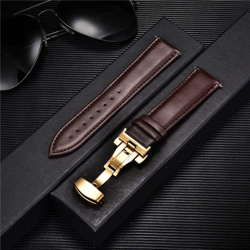 Storazone 10 / 18mm Smooth Genuine Calfskin Leather Watchband 18mm 20mm 22mm 24mm Straps with Solid Automatic Butterfly Buckle Business Watch Band