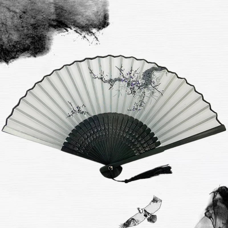 Storazone 10 Chinese Japanese Silk Folding Fan Wooden Shank Classical Dance Fan High Quality Tassel Elegent Female Fan Home Decoration