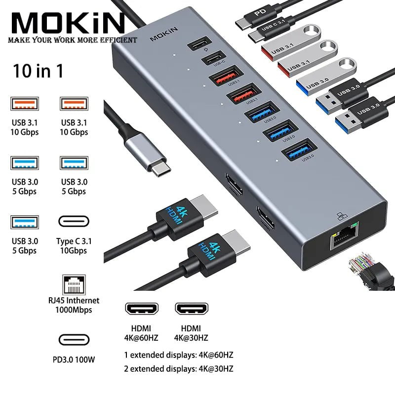 Storazone 10-in-1 1 / CHINA MOKiN USB-C Hub Docking Station for MacBook Air/Pro, iPad M1/M2, Thunderbolt Laptop - Features HDMI 4K, DP, 100W PD, SD/TF, RJ45