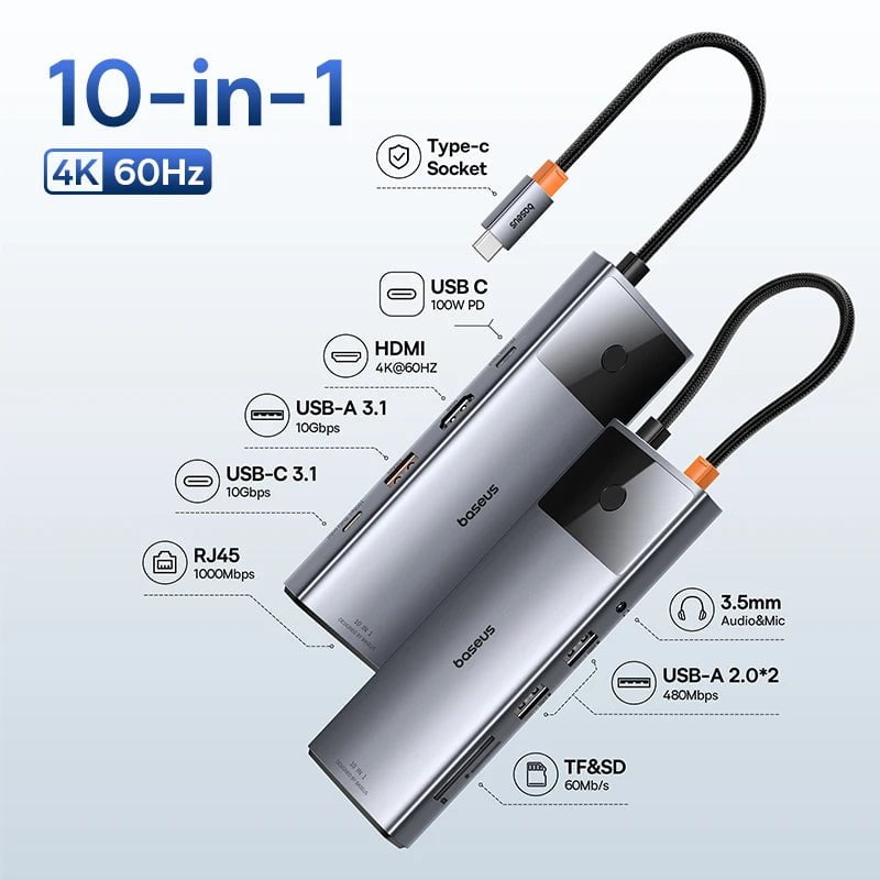 Storazone 10 in 1 60Hz USB 3.1 / Russian Federation Baseus 10Gbps USB C Hub Type C to HDMI-compatible USB Adapter Ethernet Port Docking Station for MacBook  Air M1 M2 USB Splitter