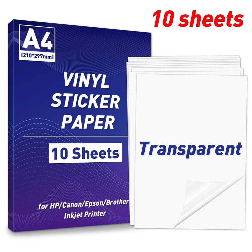 Storazone 10 Sheet-Transparent A4 Paper Sheets Adhesive Printable Label Sticker Paper Glossy for Inkjet Printer White Vinyl Label Copy Paper Gift Sticker