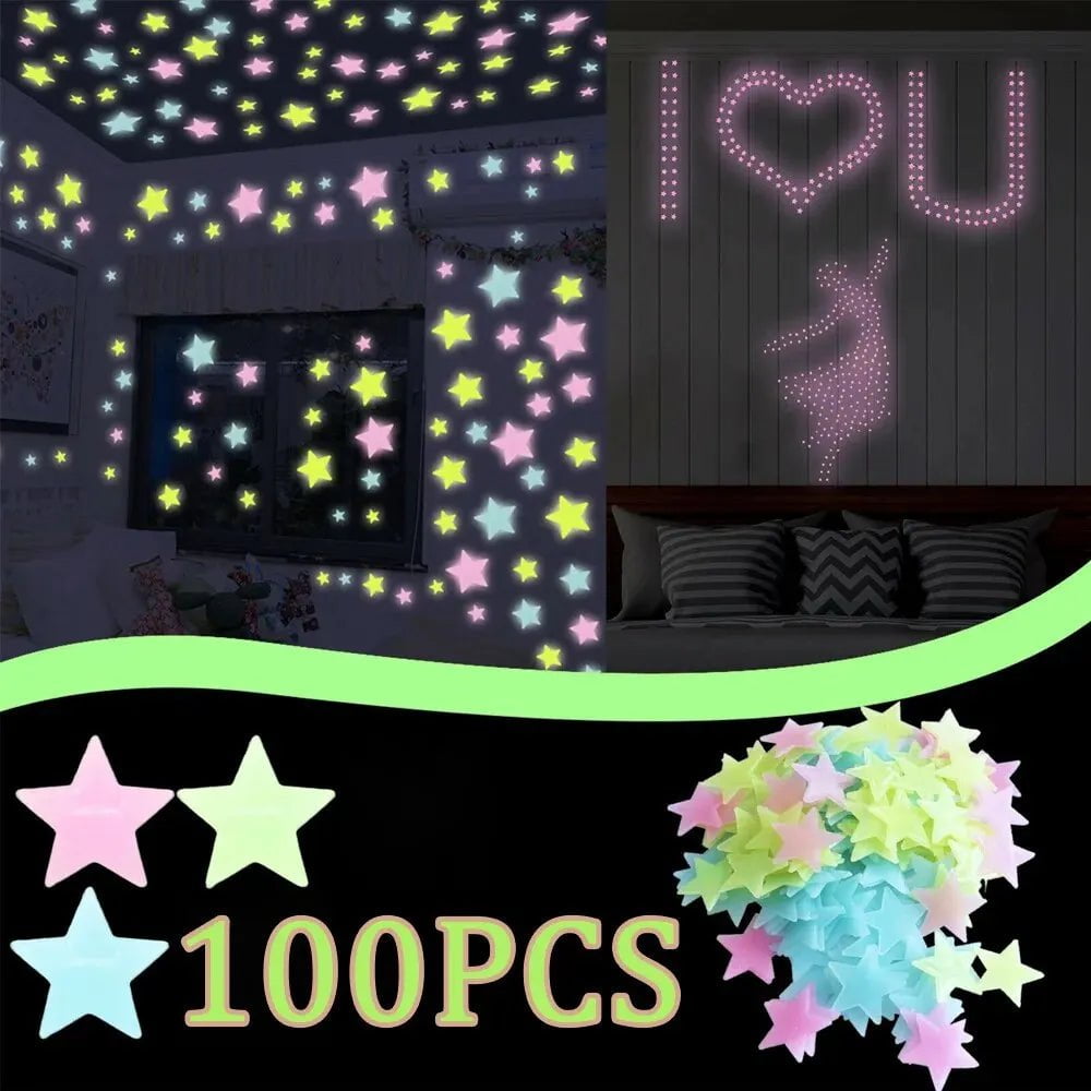 Storazone 100 Pieces of Luminous 3D Star Stickers for CHILDREN'S Room, Bedroom, Ceiling, Illuminated Plastic Wall Stickers, Home Decoratio