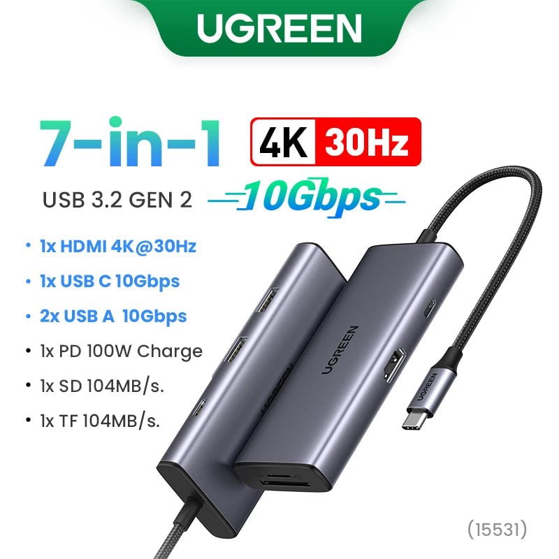 Storazone 10Gbps 7-in-1 4K30Hz / CHINA UGREEN 10Gbps USB C HUB 4K60Hz Type C to HDMI RJ45 Ethernet PD100W for MacBook iPad Huawei Sumsang PC Tablet Phone USB 3.0 HUB