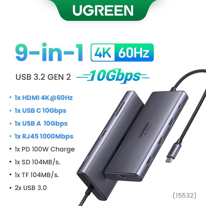 Storazone 10Gbps 9-in-1 4K60Hz / CHINA UGREEN 10Gbps USB C HUB 4K60Hz Type C to HDMI RJ45 Ethernet PD100W for MacBook iPad Huawei Sumsang PC Tablet Phone USB 3.0 HUB