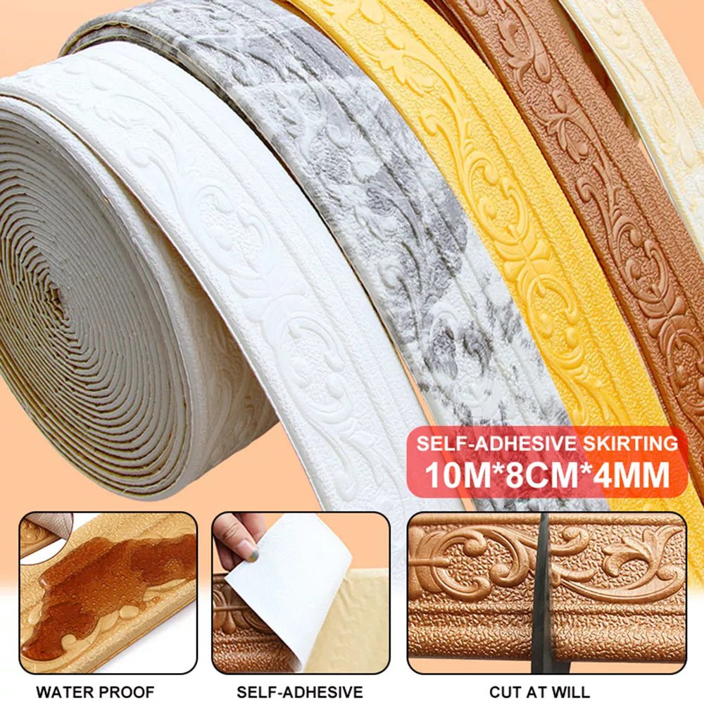 Storazone 10m/Roll 3D Self-Adhesive Vinyl Wall Trim Line Skirting Border DIY Room Decor Household Waterproof Baseboard Wallpaper Sticker