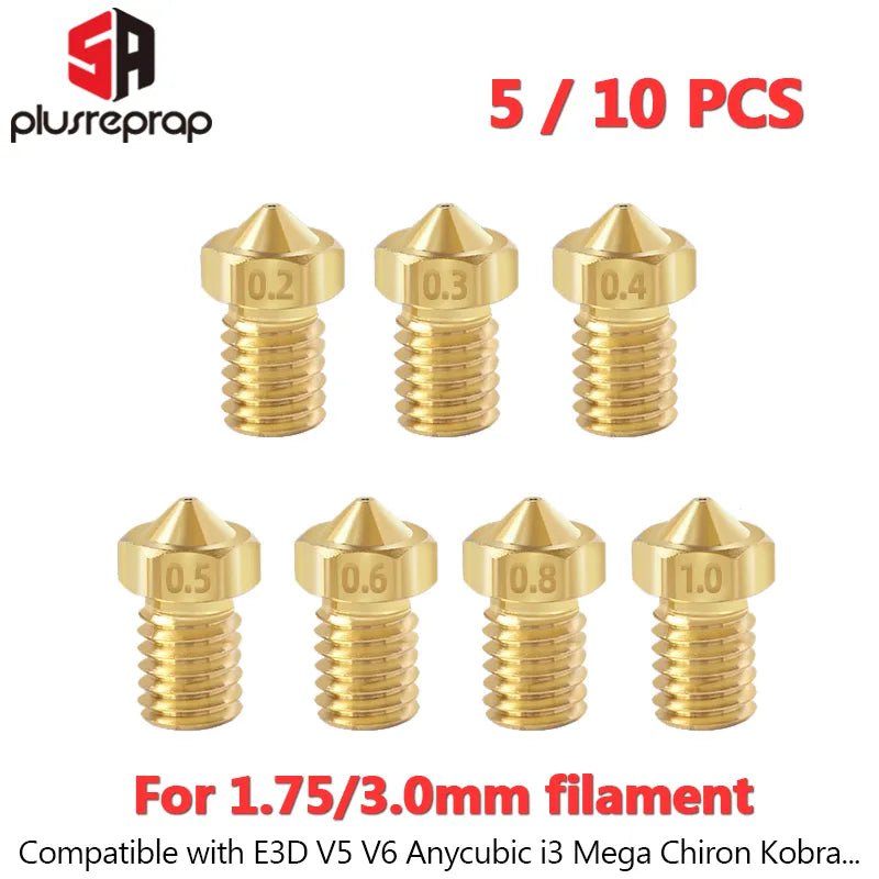 Storazone 10PCS - 1.75mm / 0 2mm 5/10pcs V6 M6 Threaded Nozzle All Metal 0.2/0.3/0.4/0.5/0.6mm for 1.75 Filament E-3-D V5 Anycubic i3 Mega Kobra Hotend Extruder