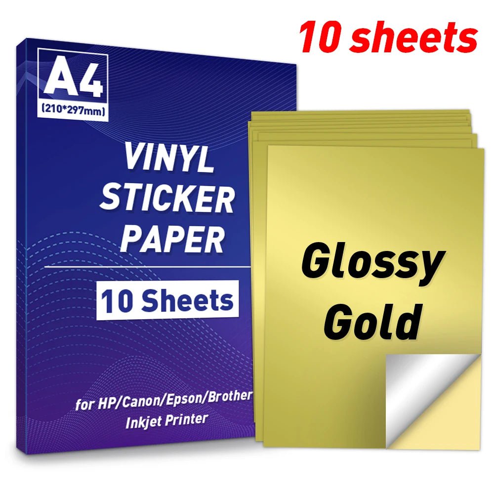 Storazone 10S-Glossy Gold A4 Paper Sheets Adhesive Printable Label Sticker Paper Glossy for Inkjet Printer White Vinyl Label Copy Paper Gift Sticker