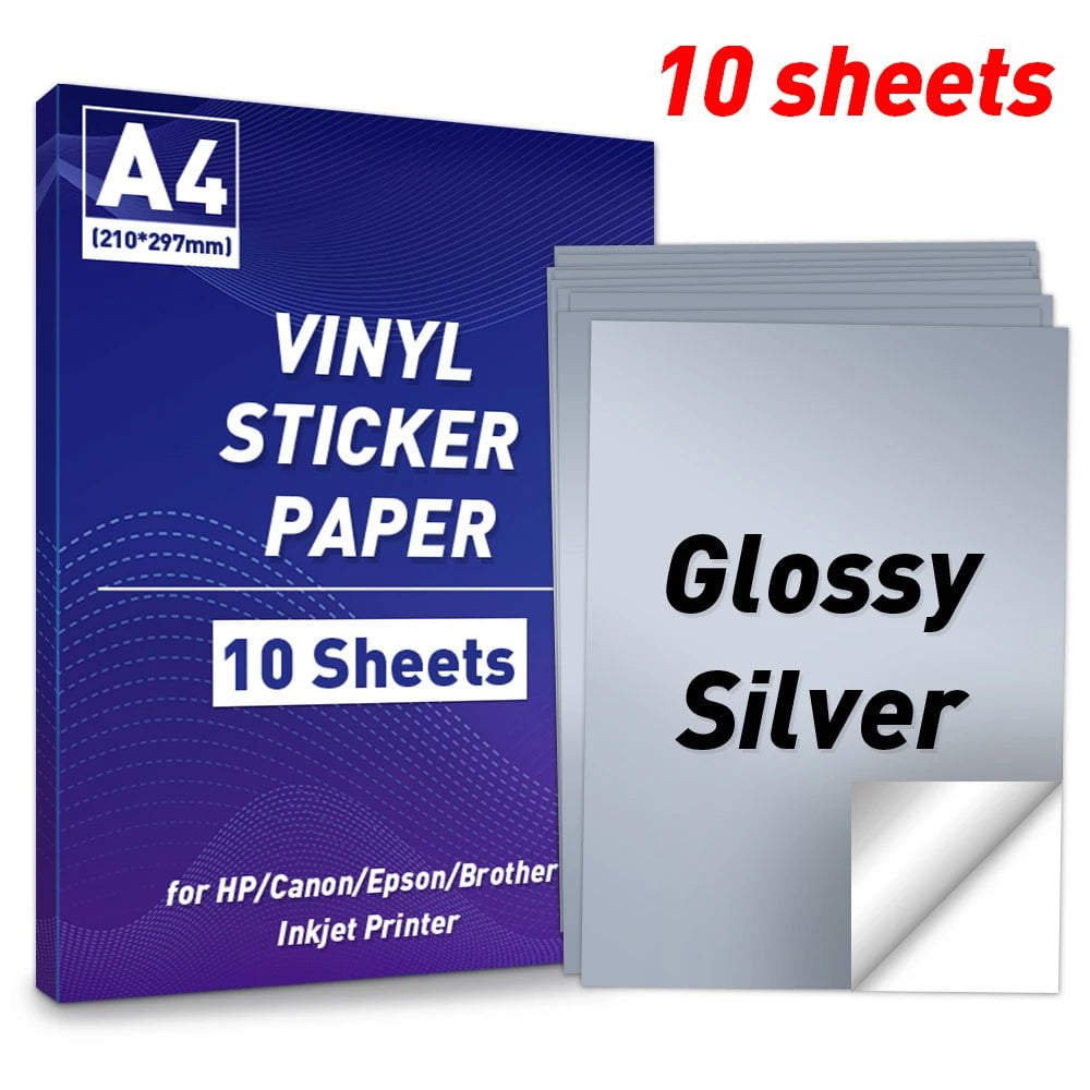 Storazone 10S-Glossy Silver A4 Paper Sheets Adhesive Printable Label Sticker Paper Glossy for Inkjet Printer White Vinyl Label Copy Paper Gift Sticker