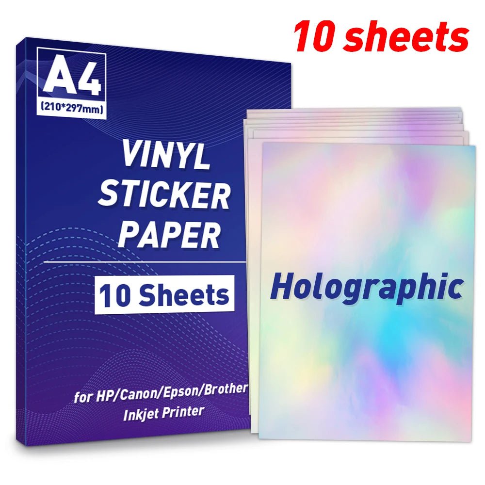 Storazone 10S-Holographic A4 Paper Sheets Adhesive Printable Label Sticker Paper Glossy for Inkjet Printer White Vinyl Label Copy Paper Gift Sticker