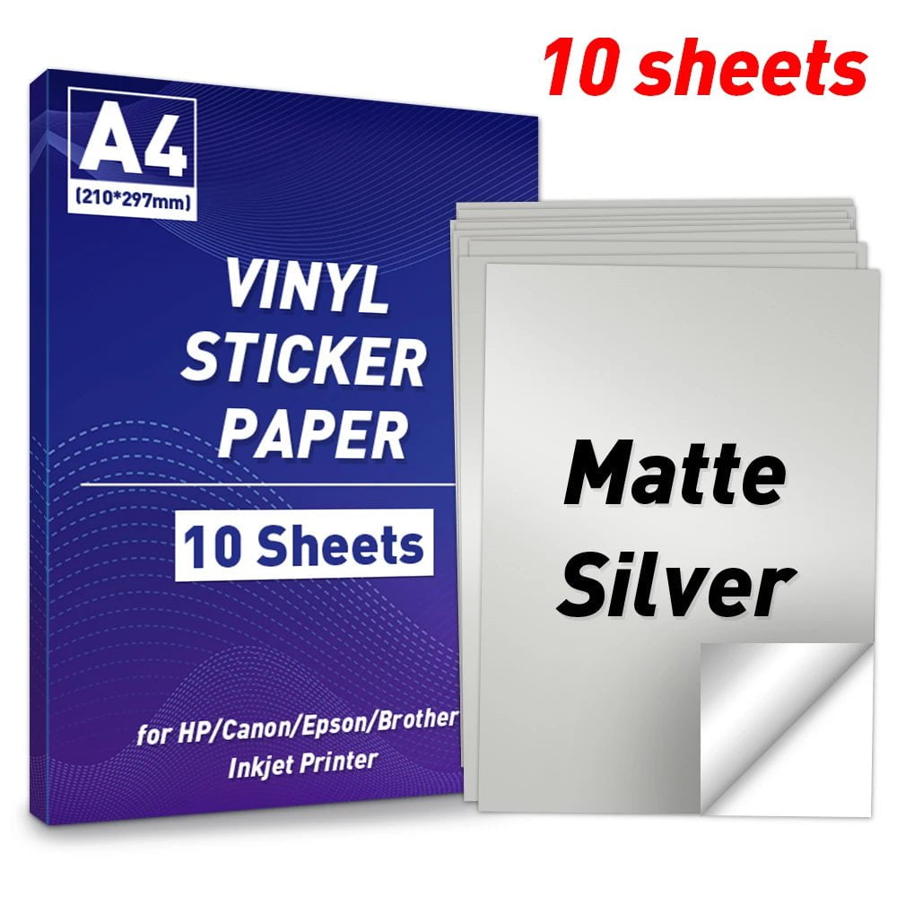 Storazone 10S-Matte Silver A4 Paper Sheets Adhesive Printable Label Sticker Paper Glossy for Inkjet Printer White Vinyl Label Copy Paper Gift Sticker