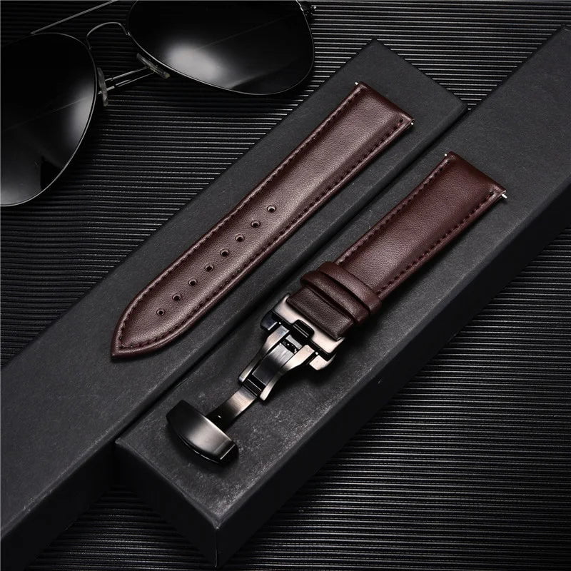 Storazone 11 / 18mm Smooth Genuine Calfskin Leather Watchband 18mm 20mm 22mm 24mm Straps with Solid Automatic Butterfly Buckle Business Watch Band