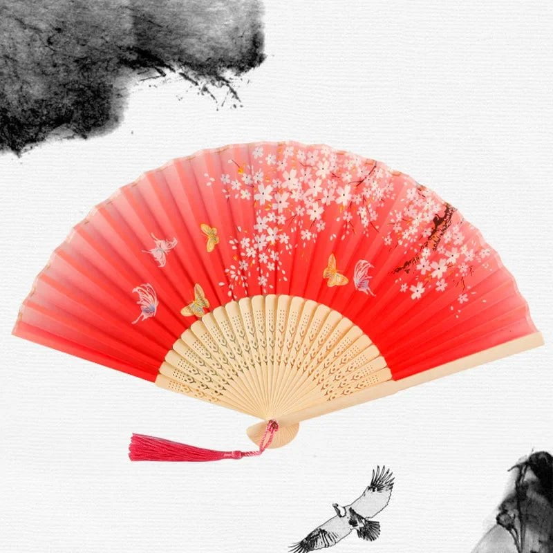 Storazone 11 Chinese Japanese Silk Folding Fan Wooden Shank Classical Dance Fan High Quality Tassel Elegent Female Fan Home Decoration