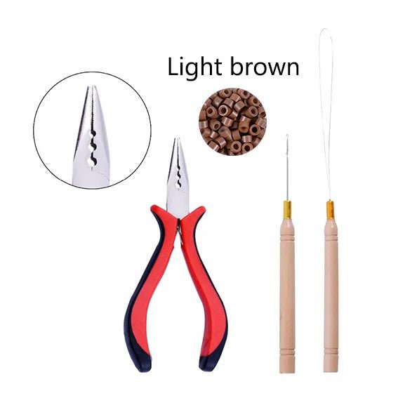 Storazone 11 Light brown 1 Pack/100Pcs Micro Links/Beads+1Pcs Pulling Needle+1Pc  3 Holes Plier Hair Extensions Tool Kit