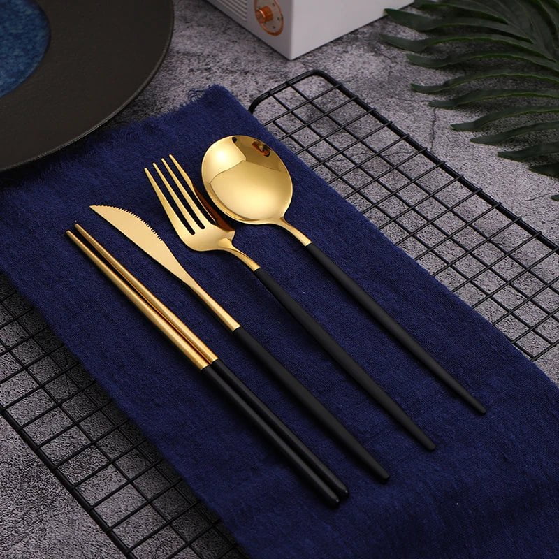 Storazone 12-16 Pcs Black Gold Cutlery Set Chopsticks Knife Fork Spoon Golden Stainless Steel Korean Dinnerware Set Luxury Tableware Set