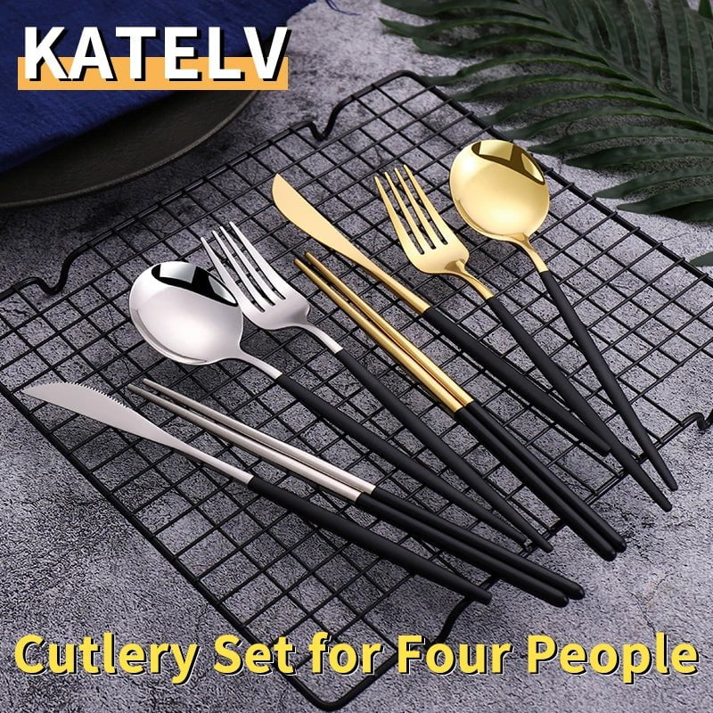 Storazone 12-16 Pcs Black Gold Cutlery Set Chopsticks Knife Fork Spoon Golden Stainless Steel Korean Dinnerware Set Luxury Tableware Set