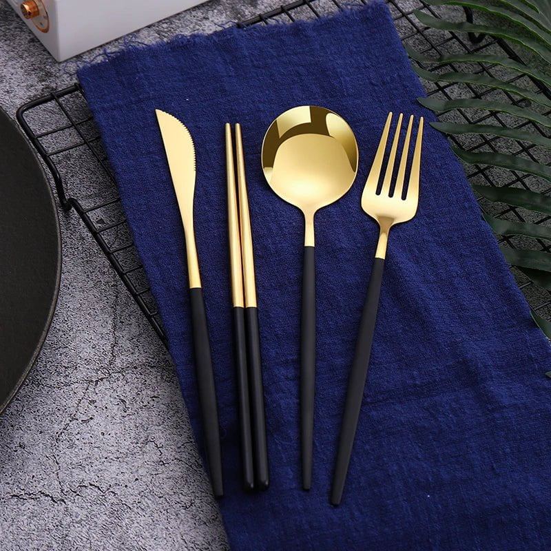 Storazone 12-16 Pcs Black Gold Cutlery Set Chopsticks Knife Fork Spoon Golden Stainless Steel Korean Dinnerware Set Luxury Tableware Set