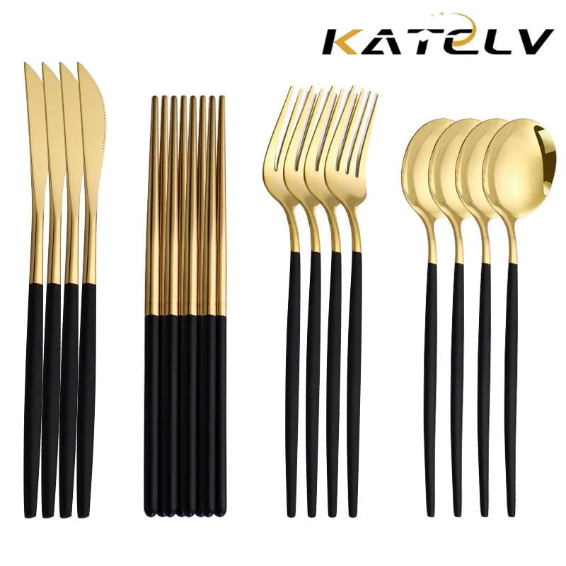 Storazone 12-16 Pcs Black Gold Cutlery Set Chopsticks Knife Fork Spoon Golden Stainless Steel Korean Dinnerware Set Luxury Tableware Set