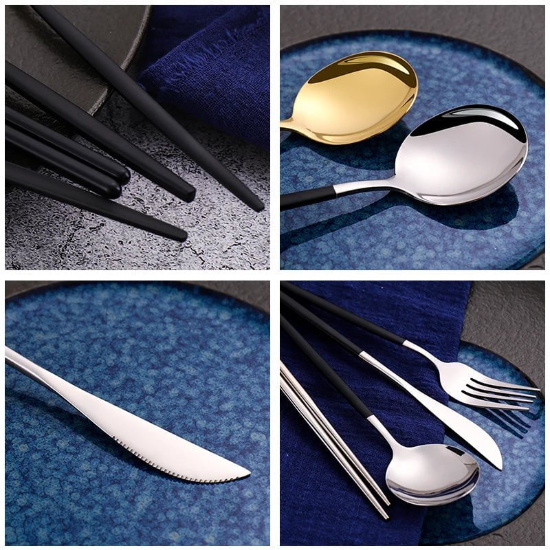 Storazone 12-16 Pcs Black Gold Cutlery Set Chopsticks Knife Fork Spoon Golden Stainless Steel Korean Dinnerware Set Luxury Tableware Set