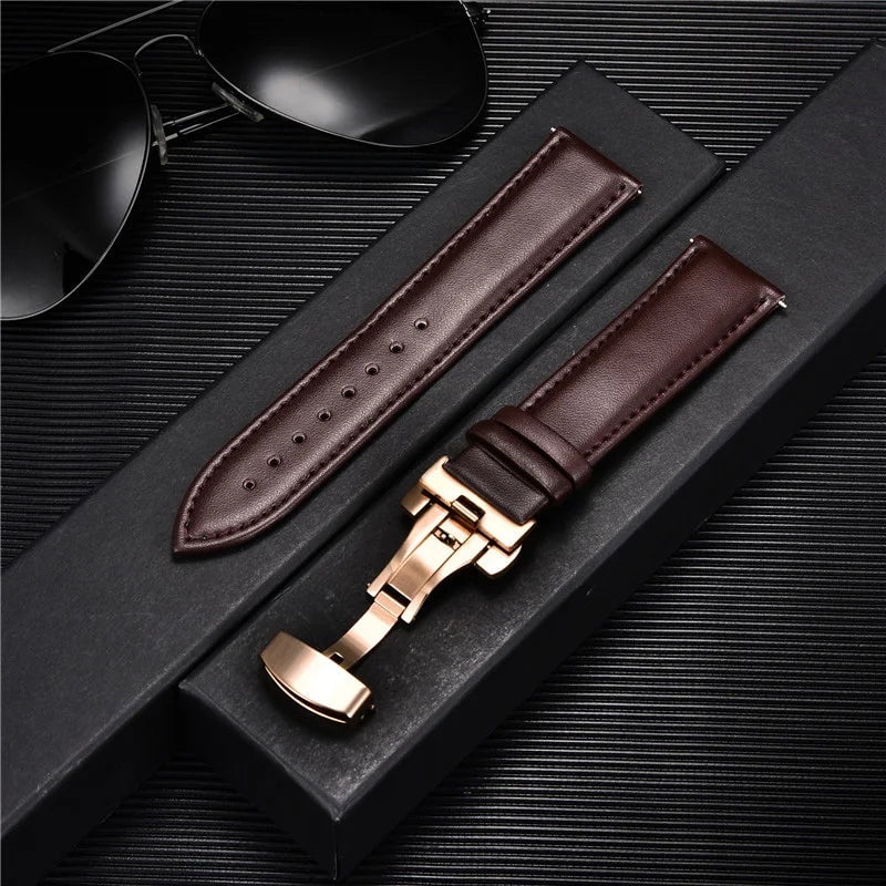 Storazone 12 / 18mm Smooth Genuine Calfskin Leather Watchband 18mm 20mm 22mm 24mm Straps with Solid Automatic Butterfly Buckle Business Watch Band