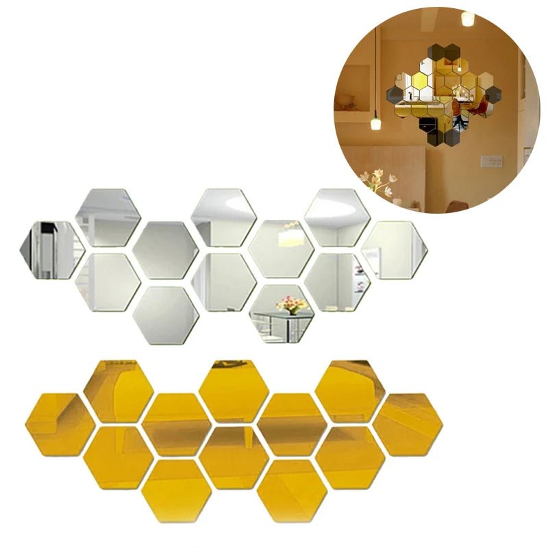 Storazone 12/6pcs 3D Mirror Wall Stickers Hexagon Shape Acrylic Removable Wall Sticker Decal DIY Home Decoration Art Mirror Ornaments