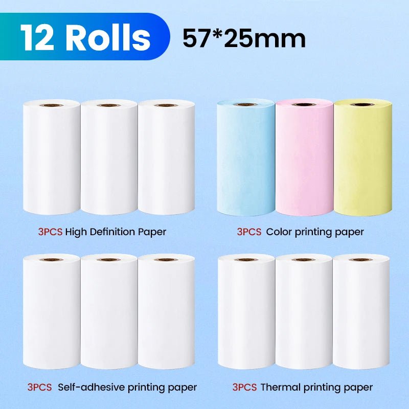 Storazone 12 Rolls Paper Mini Printer Paper Self-adhesive Thermal Papers HD Color Label Printers Wireless Bluetooth Photo Inkless Printing Universal 57mm